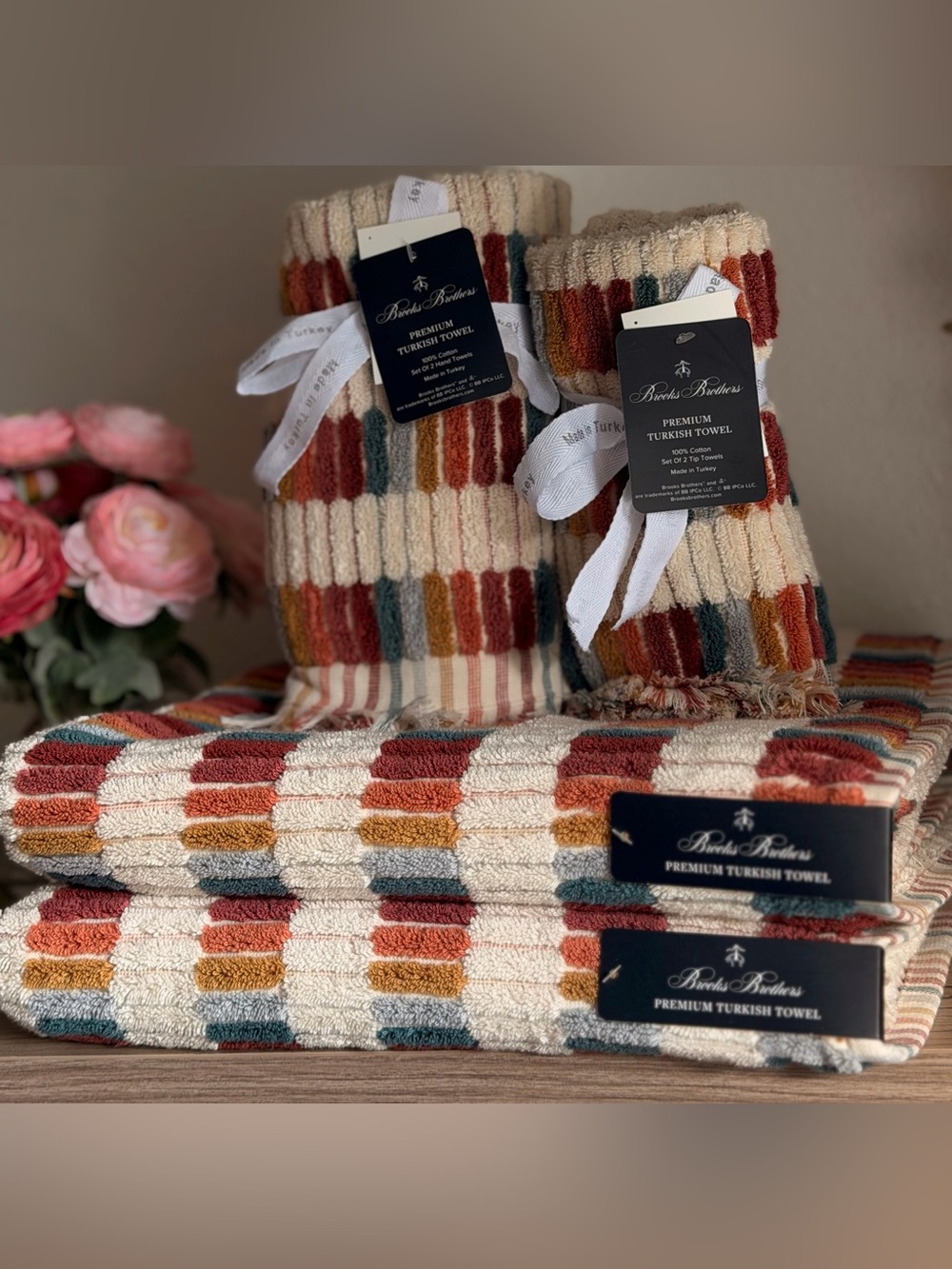 Brooks Brothers Turkish bath Hand Tip Towel Set Fall mosaic tile fringed beige